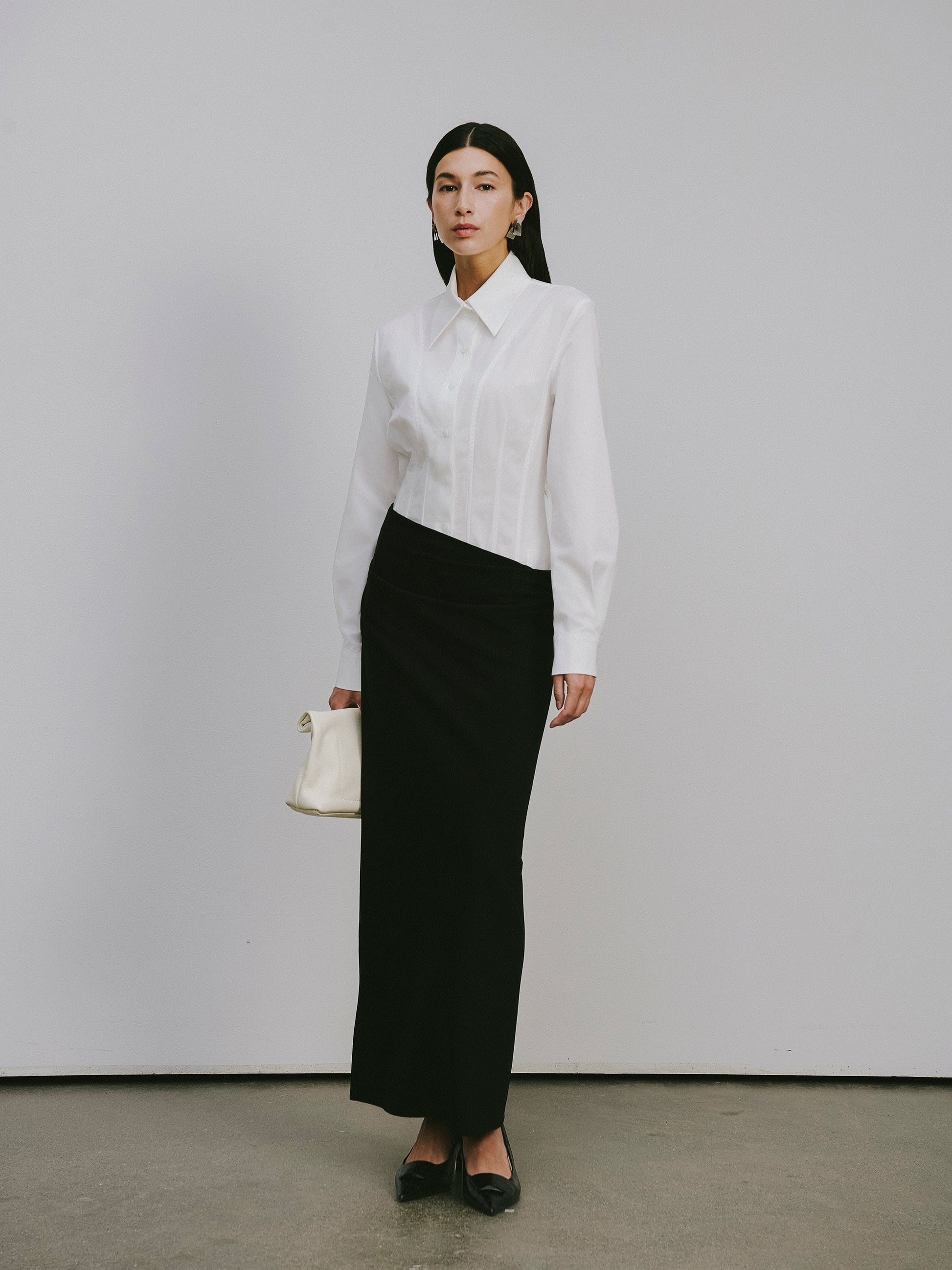 Corset Waist Blouse + Asymmetric Waistband Long Skirt Set