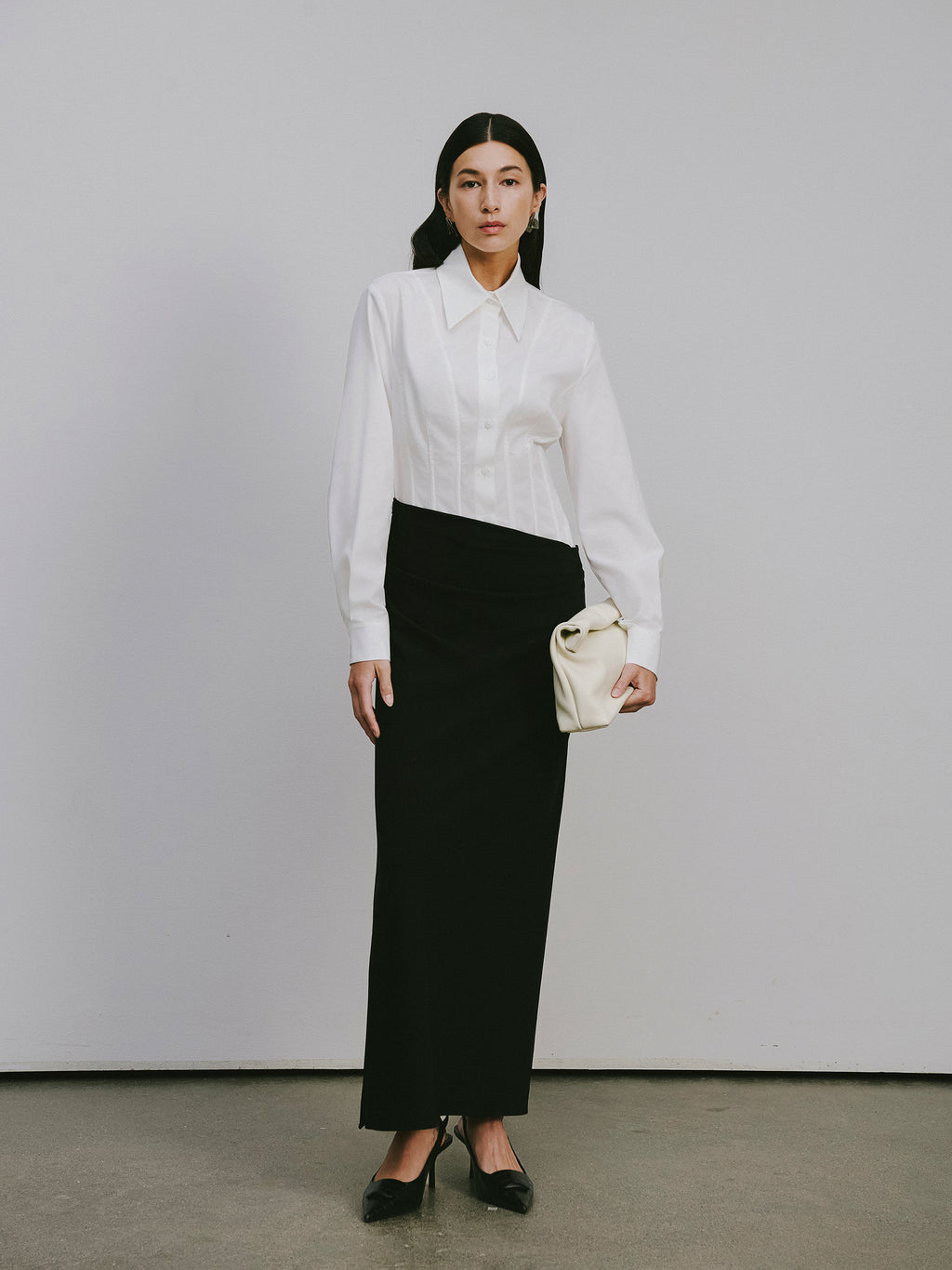 Corset Waist Blouse + Asymmetric Waistband Long Skirt Set