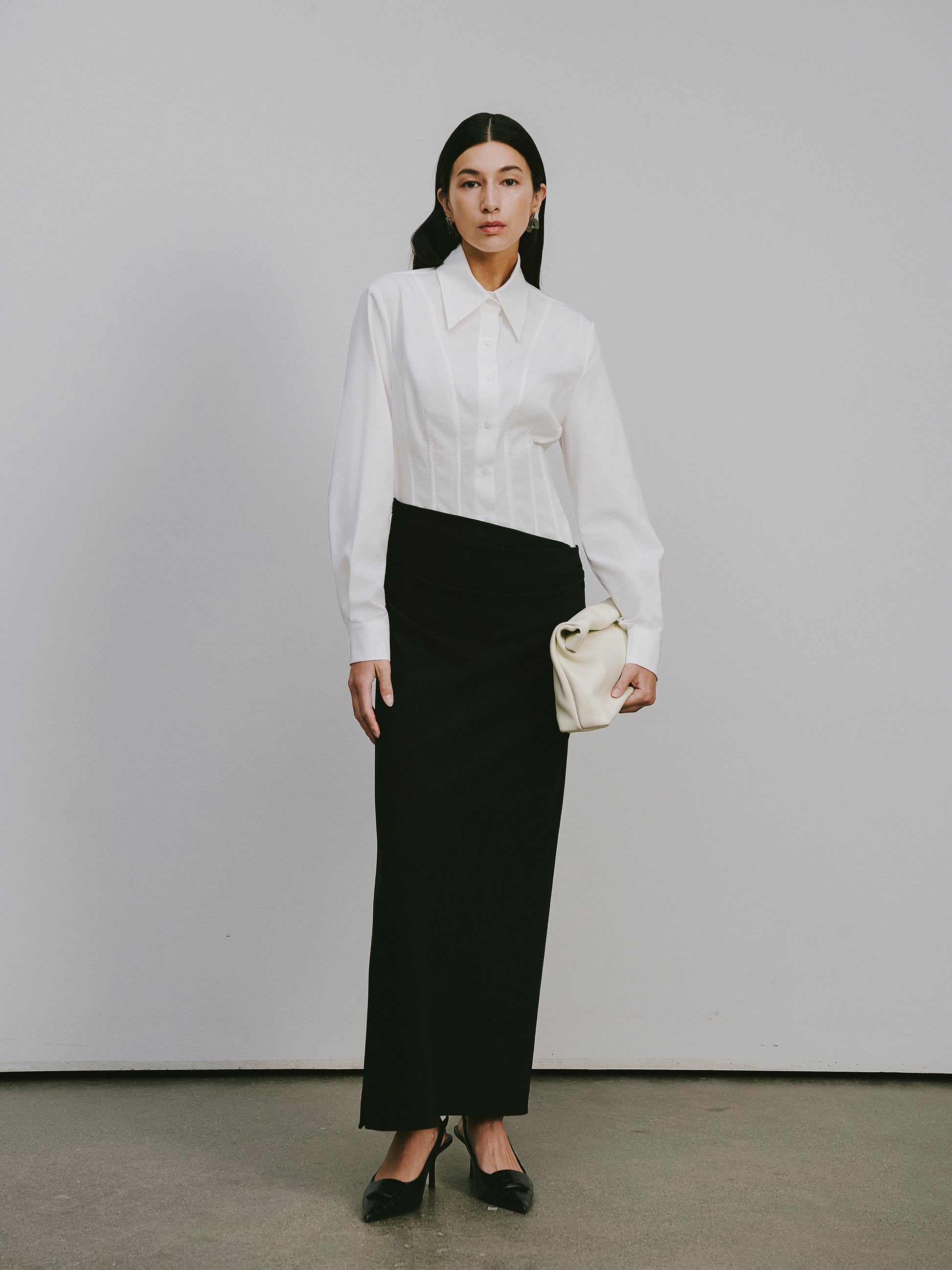 Corset Waist Blouse + Asymmetric Waistband Long Skirt Set