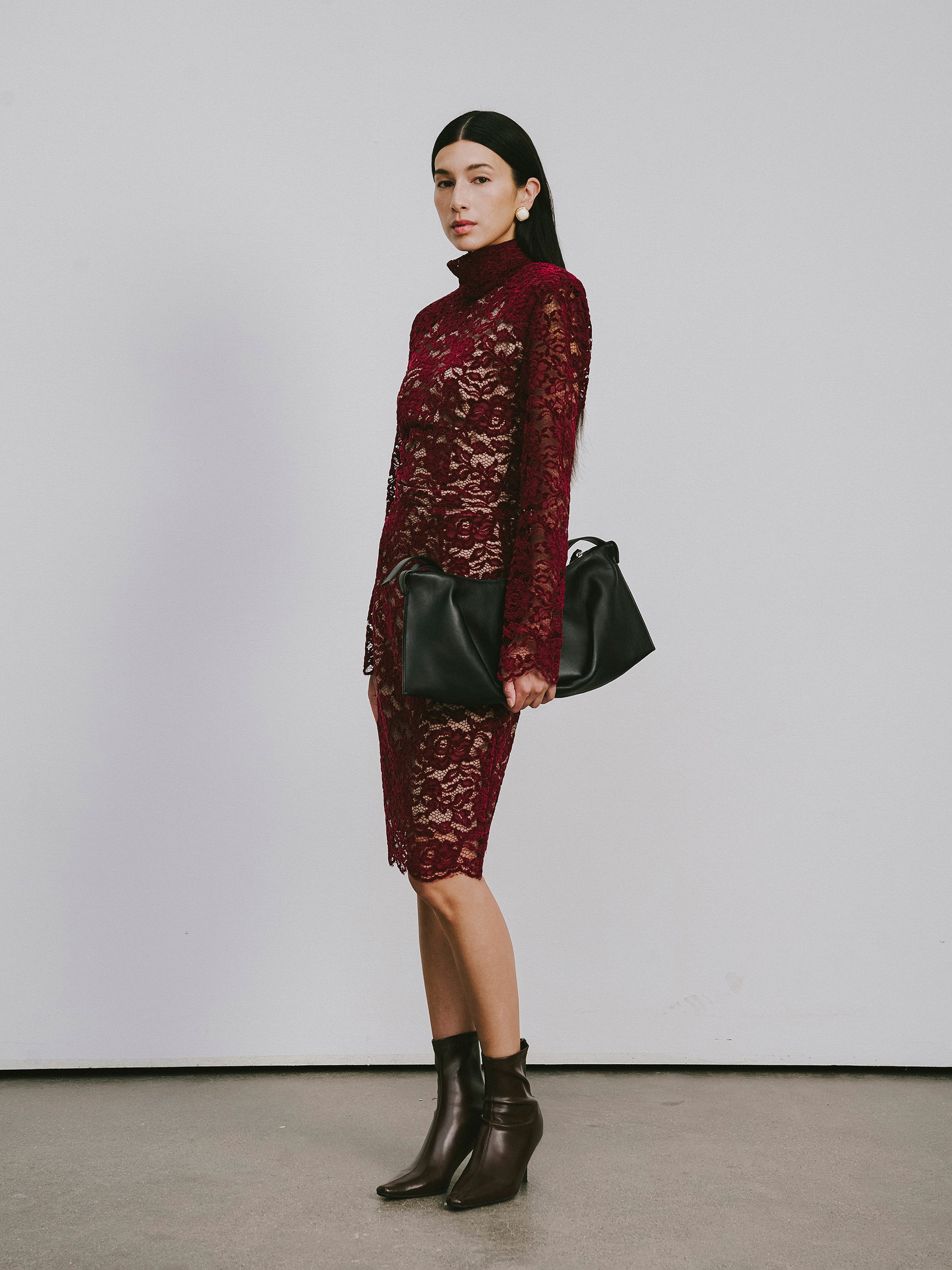 Classic Round-Neck Knee-Length Dress with Flocked Lace & Openwork