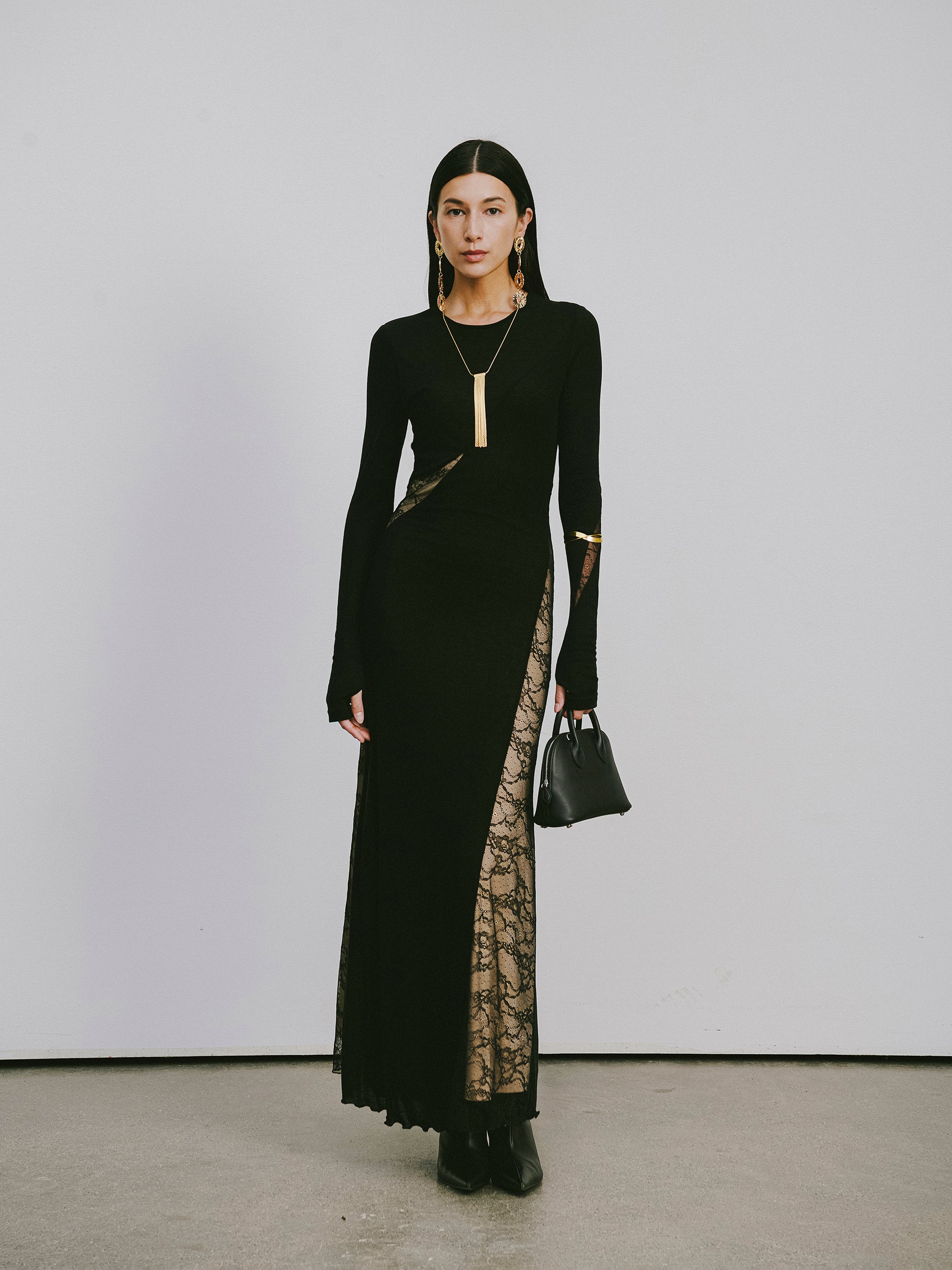 Round-Neck Dress with Contrast Lace Insets