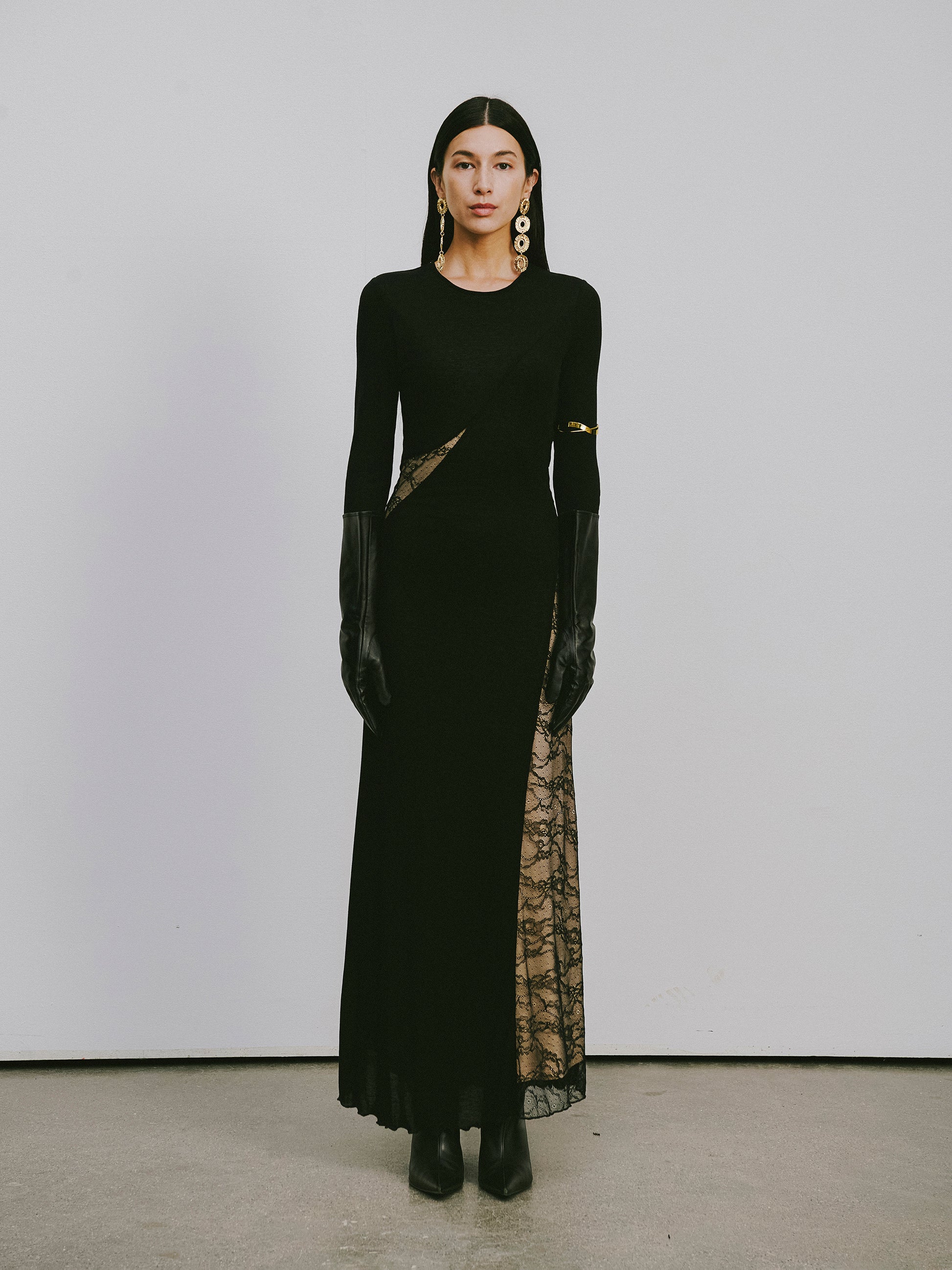 Round-Neck Dress with Contrast Lace Insets
