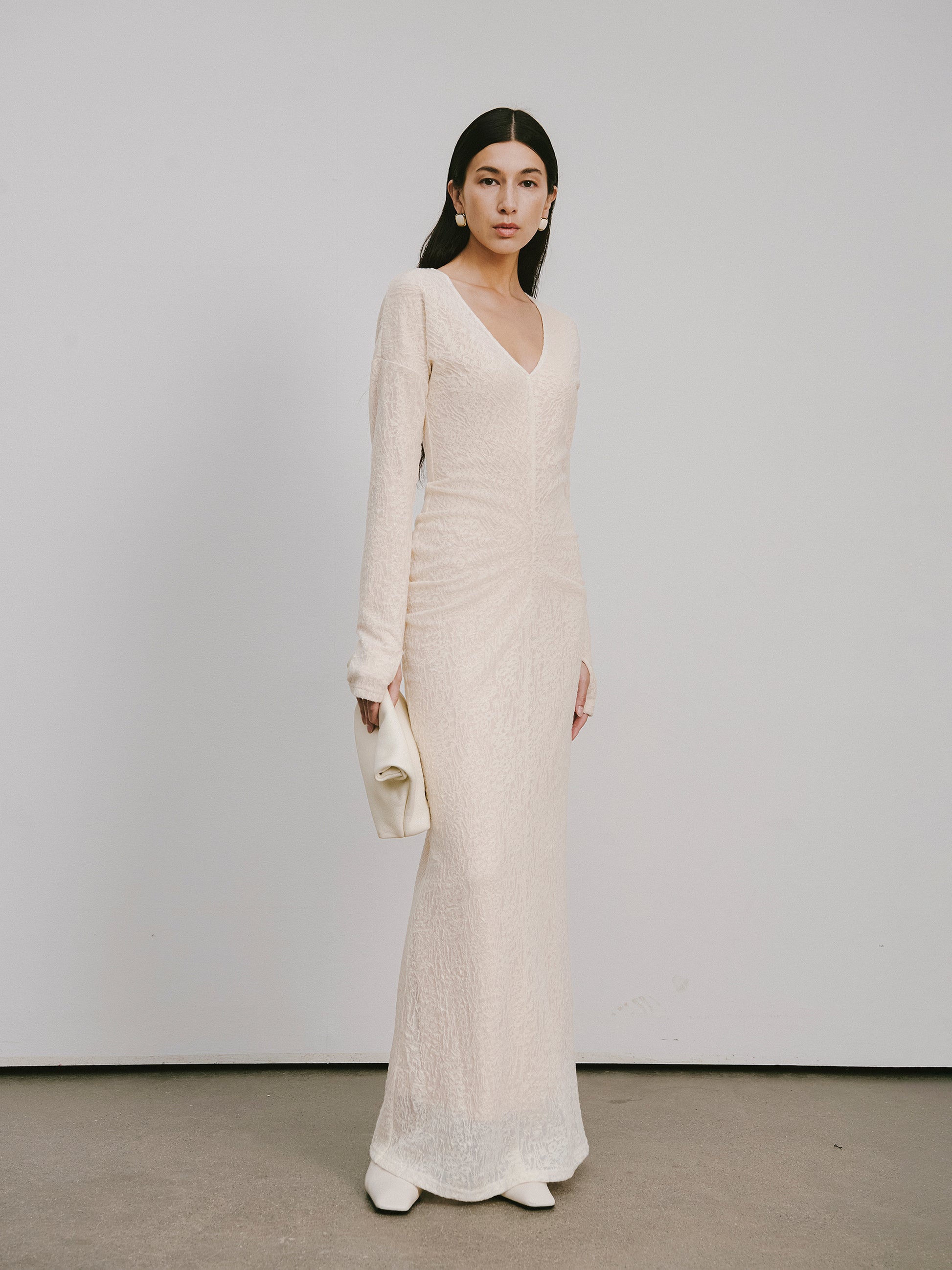 V-Neck Wool Dress with Jacquard & Lace-Openwork Detailing