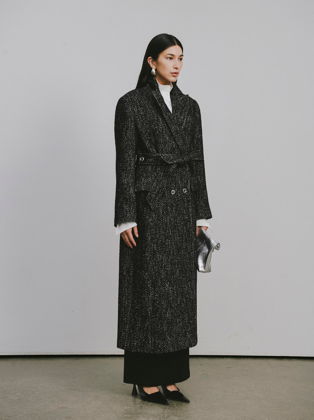 Stand Collar Tie-Waist X-Silhouette Long Coat