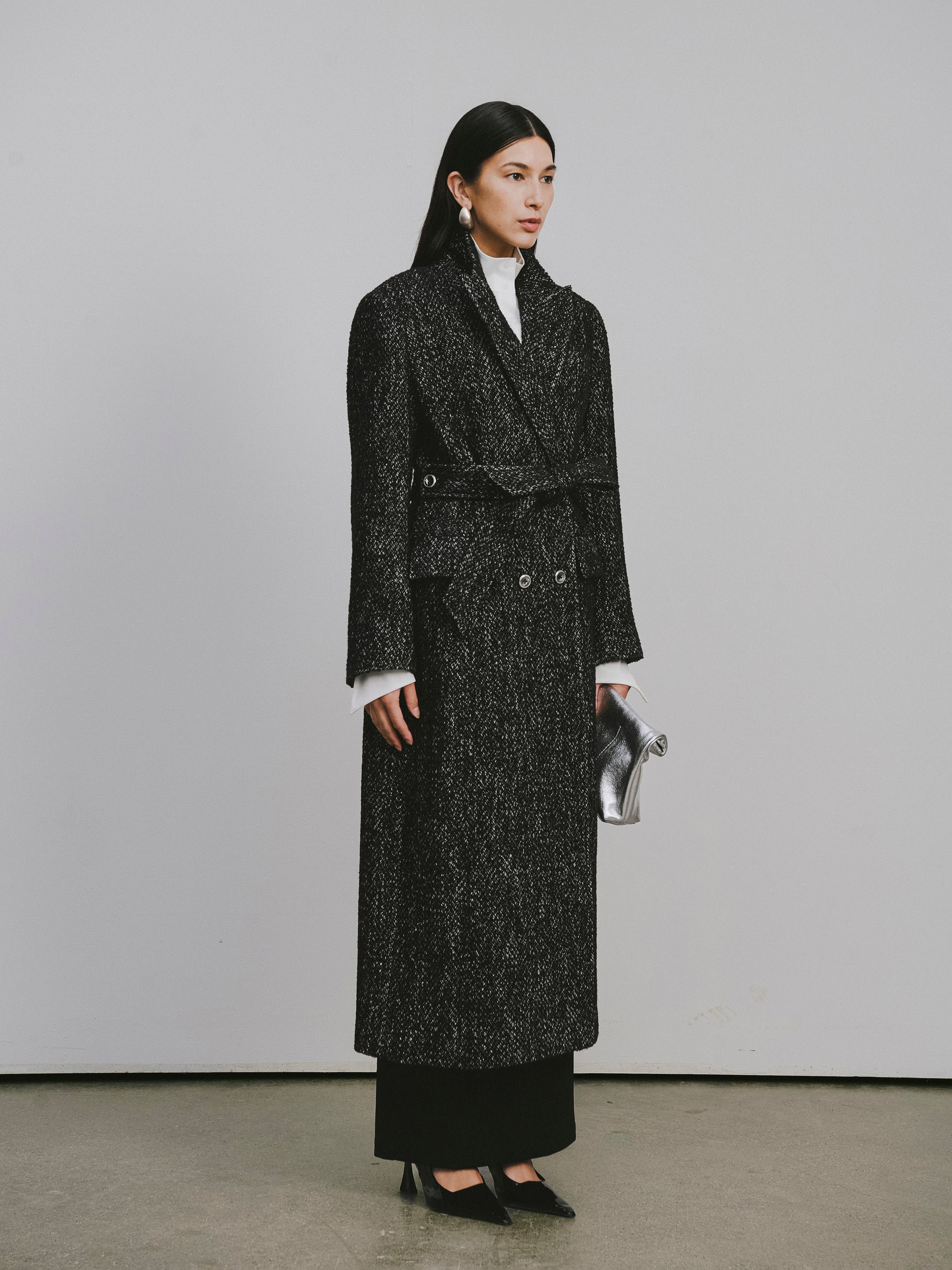 Stand Collar Tie-Waist X-Silhouette Long Coat