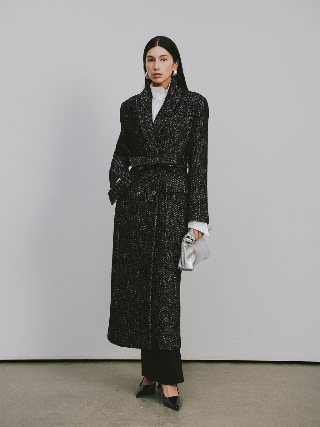 Stand Collar Tie-Waist X-Silhouette Long Coat