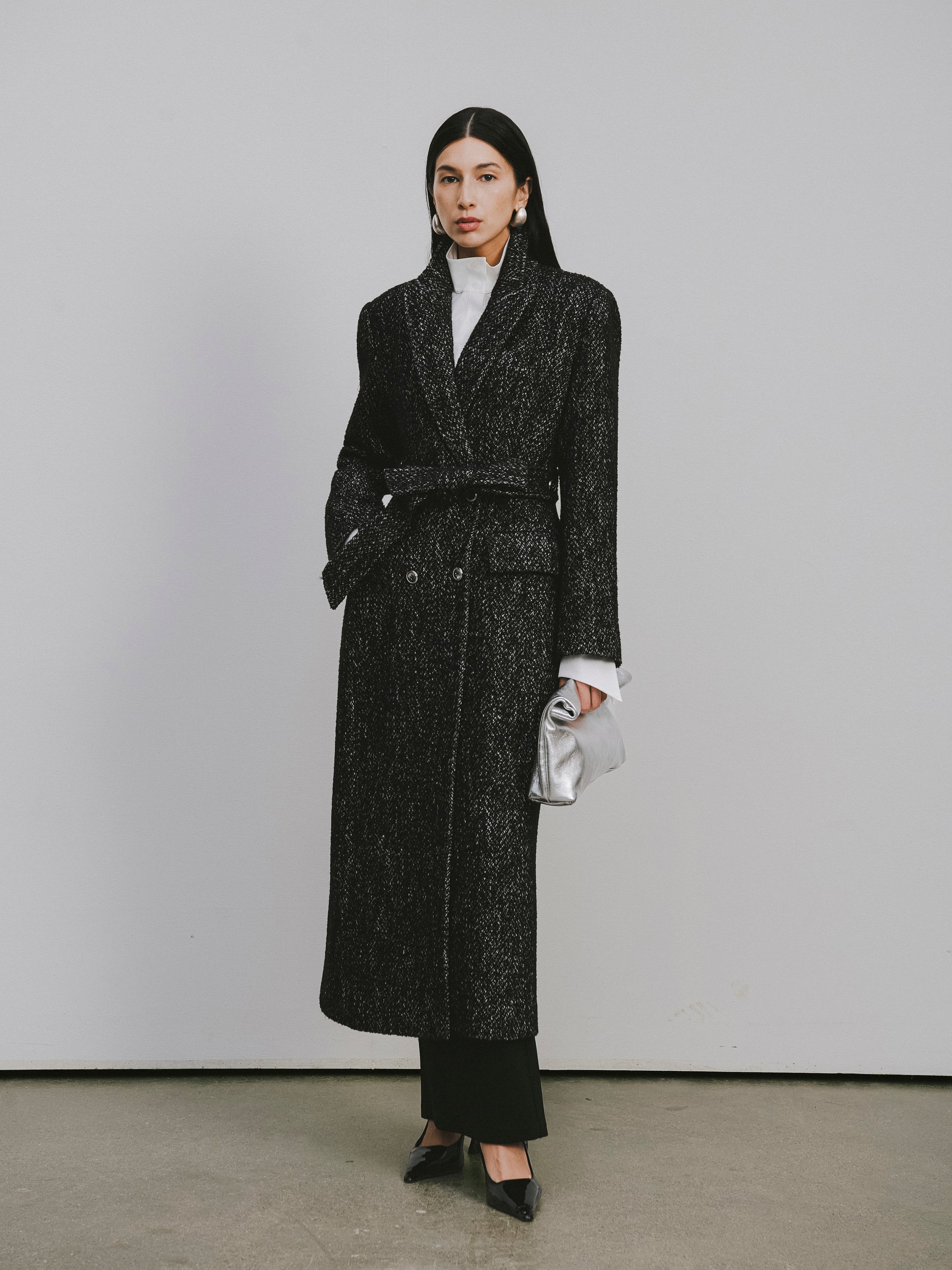 Stand Collar Tie-Waist X-Silhouette Long Coat