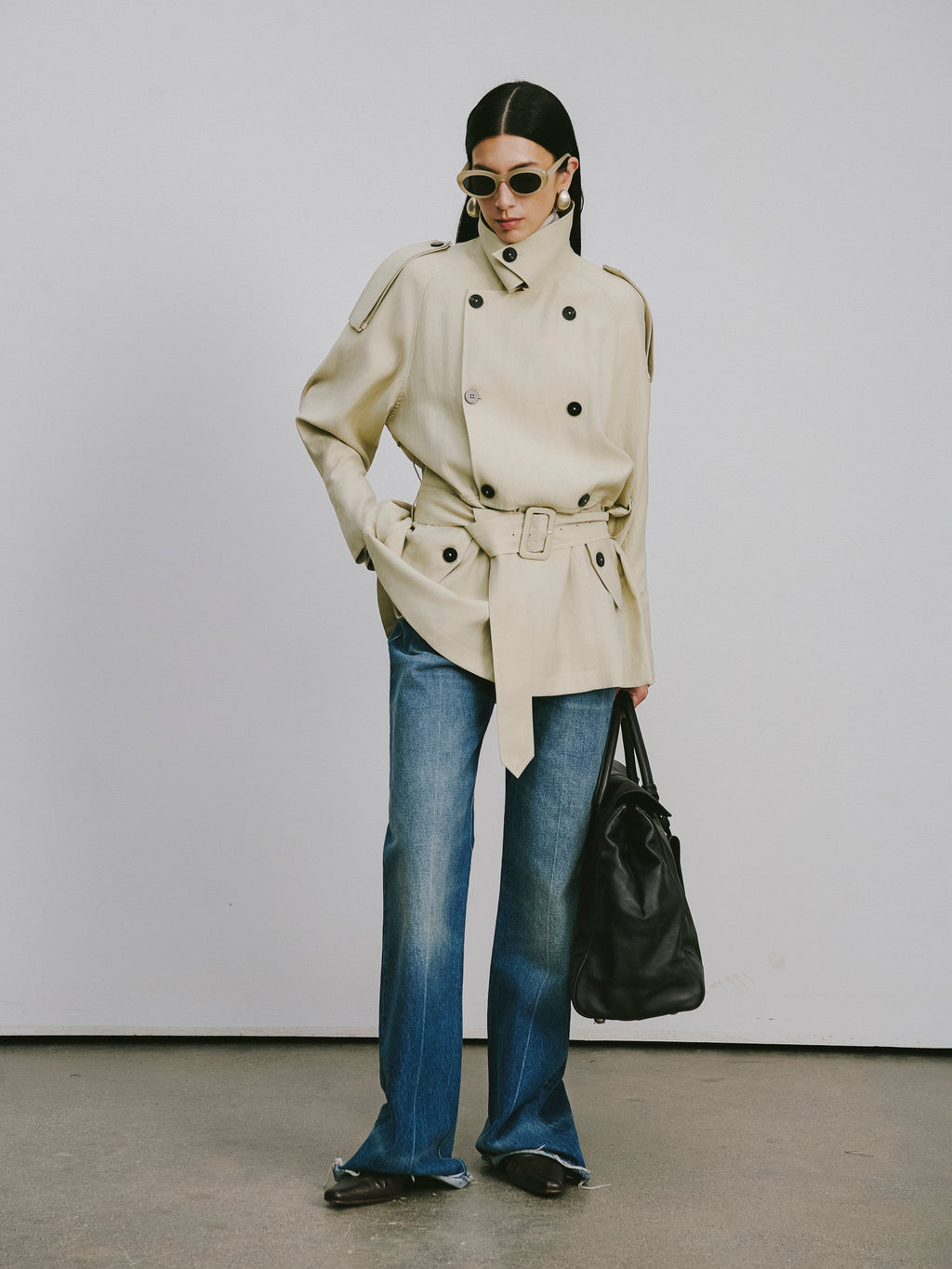Textured Raglan-Sleeve Trench Coat with Organic Draping