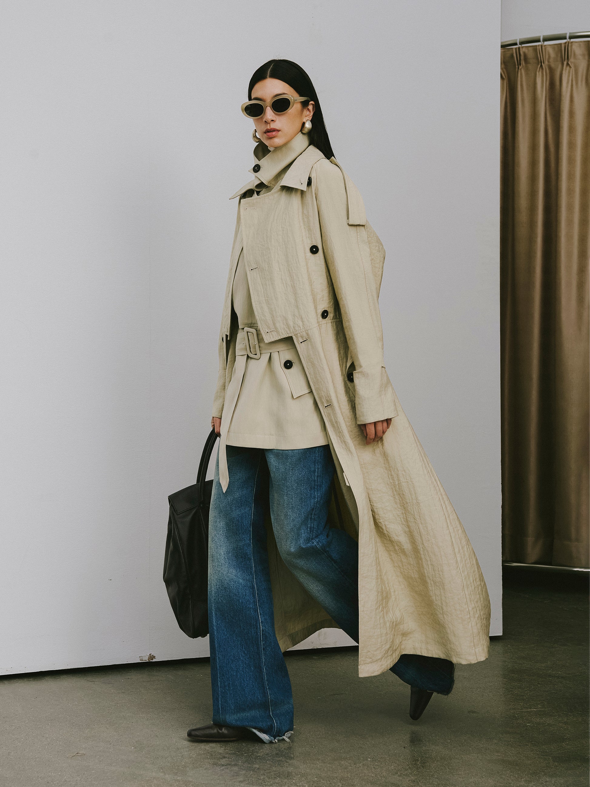 Textured Raglan-Sleeve Long Trench Coat with Organic Draping