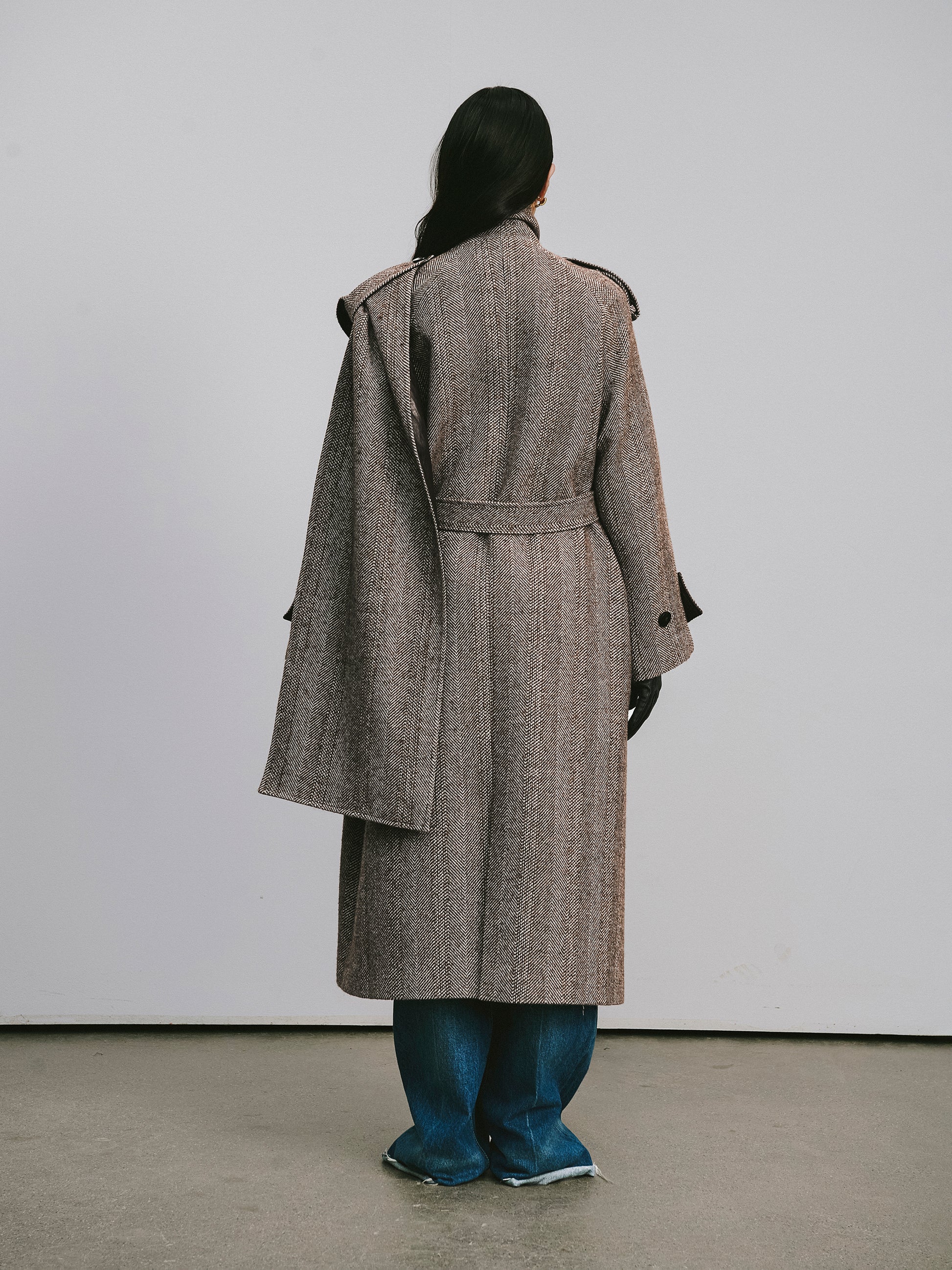 Detachable Shawl Collar Herringbone Faux Leather Blend Coat