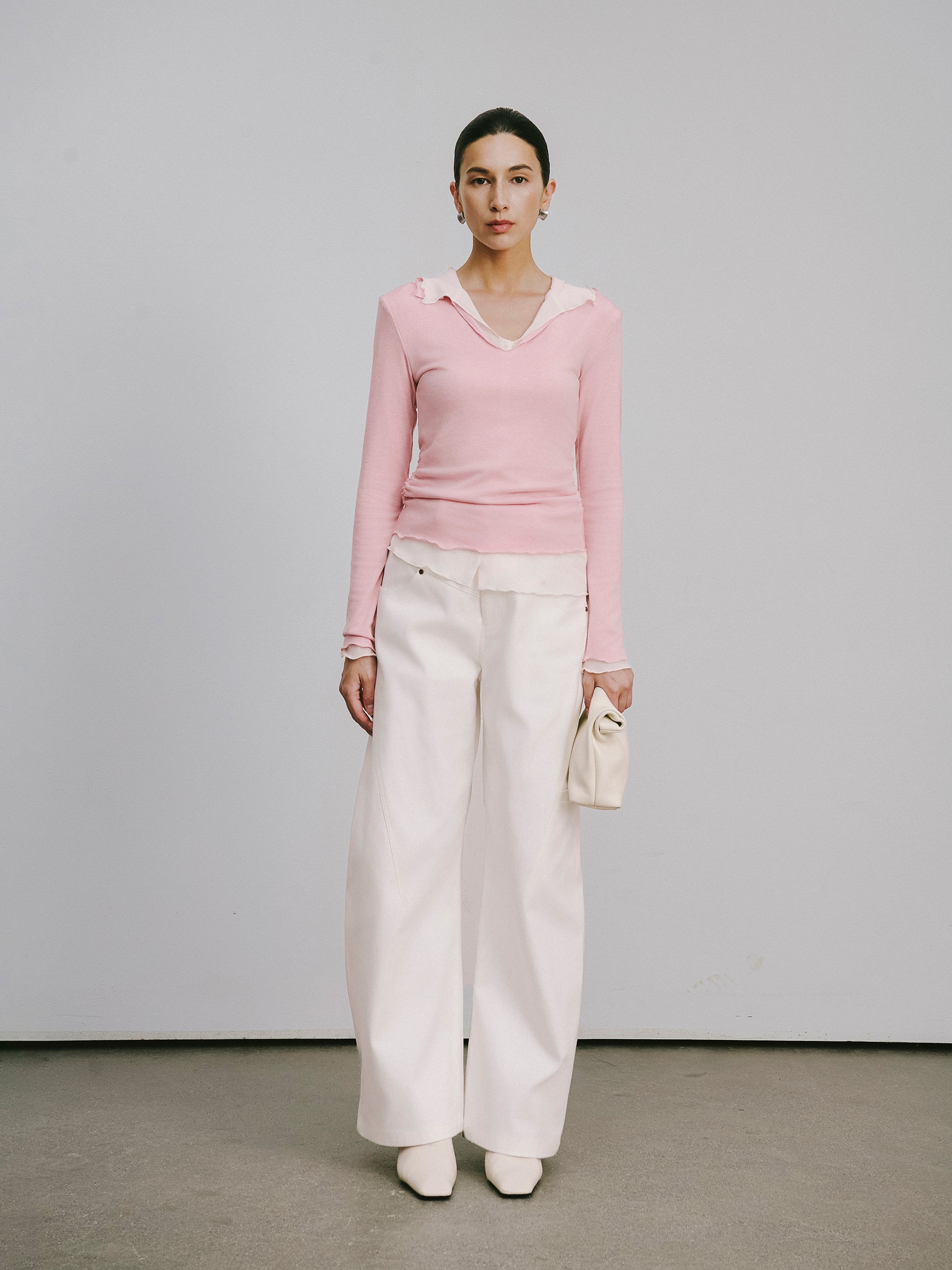 Color-Blocked Layered V-Neck Top (Fake Two-Piece)