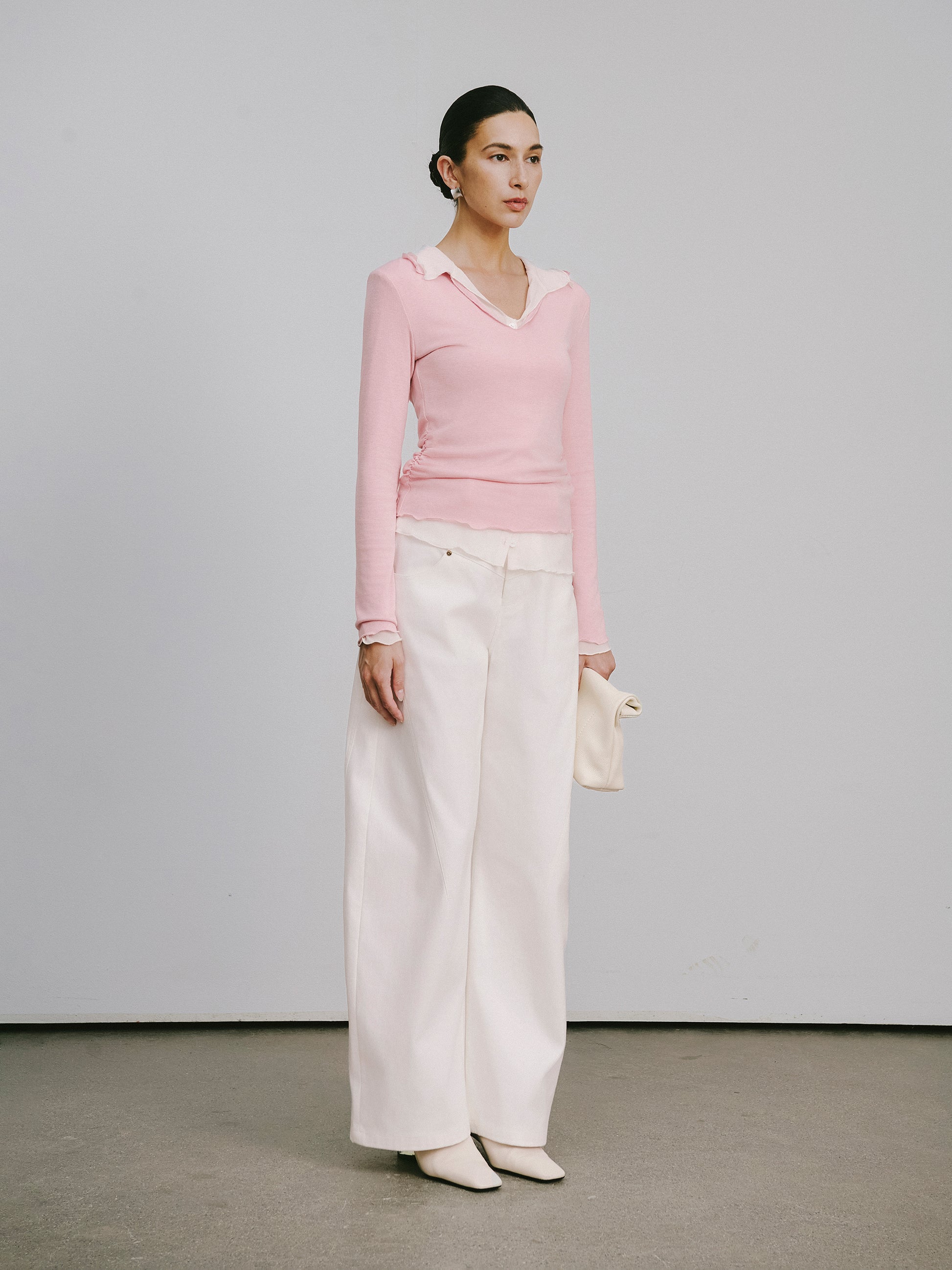 Color-Blocked Layered V-Neck Top (Fake Two-Piece)