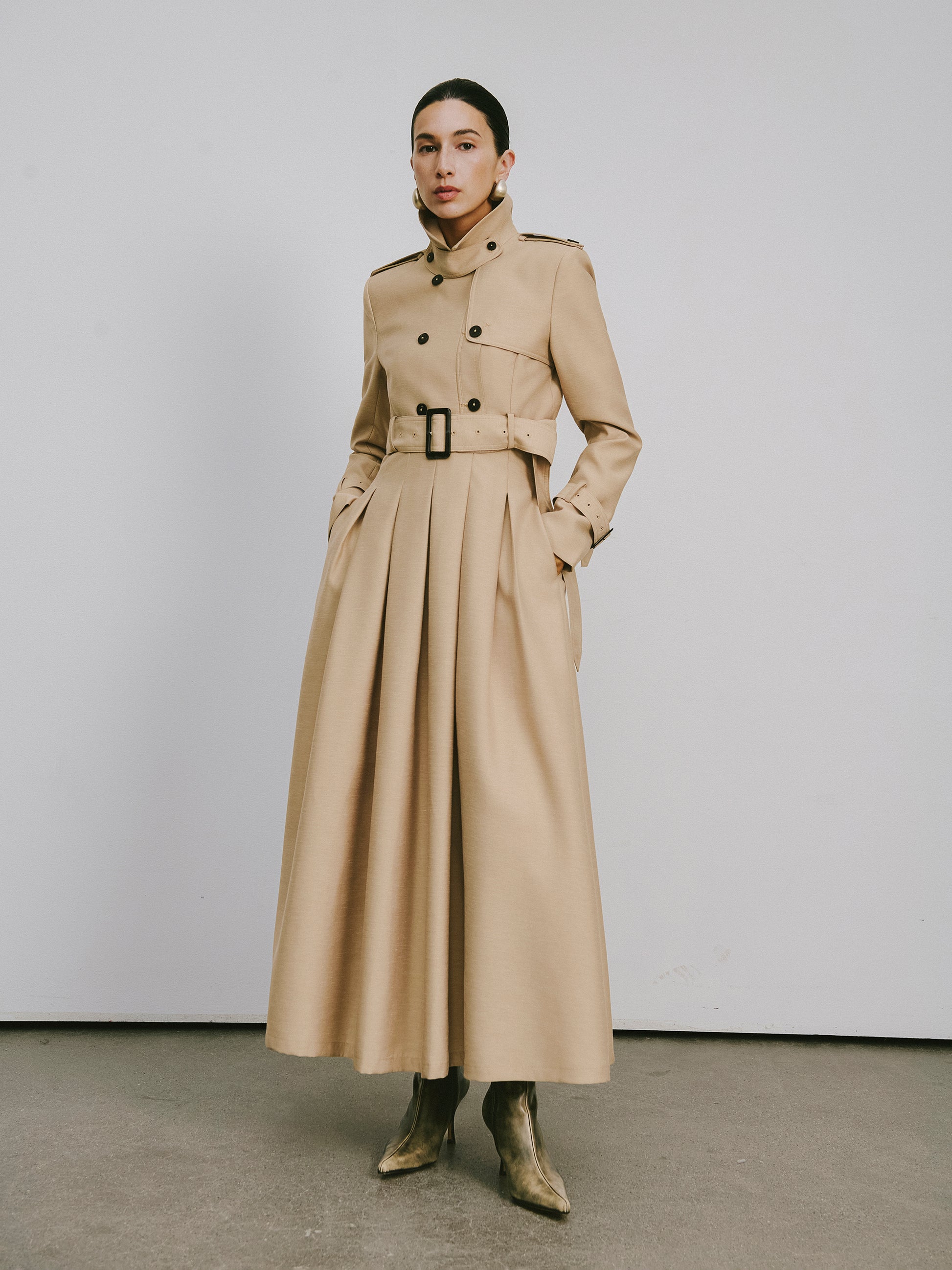 Two-Piece Trench Dress Set (Short Jacket + Sleeveless V-Neck Dress)