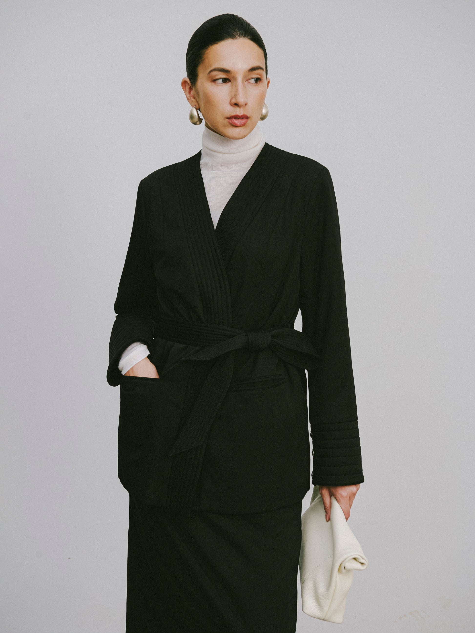 Quilted Wool Fill Collarless Coat
