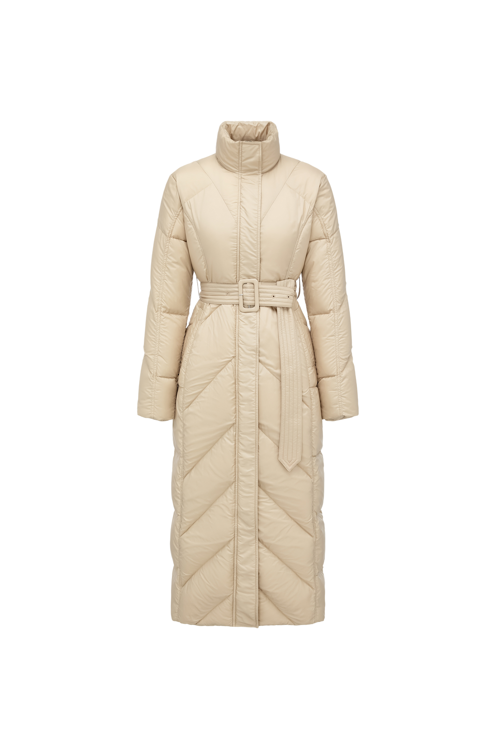 Minimalist Draped Long Down Coat with Structured Shoulder