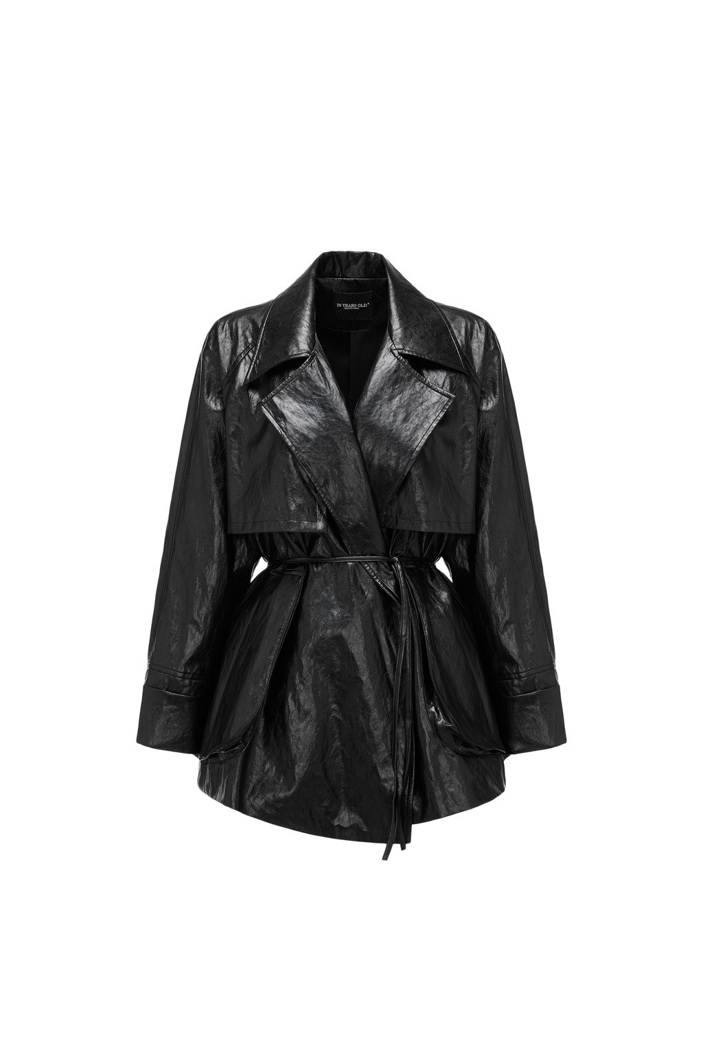 Relaxed Fit Belted Thigh-Length Leather-Look Jacket ( Faux Leather)