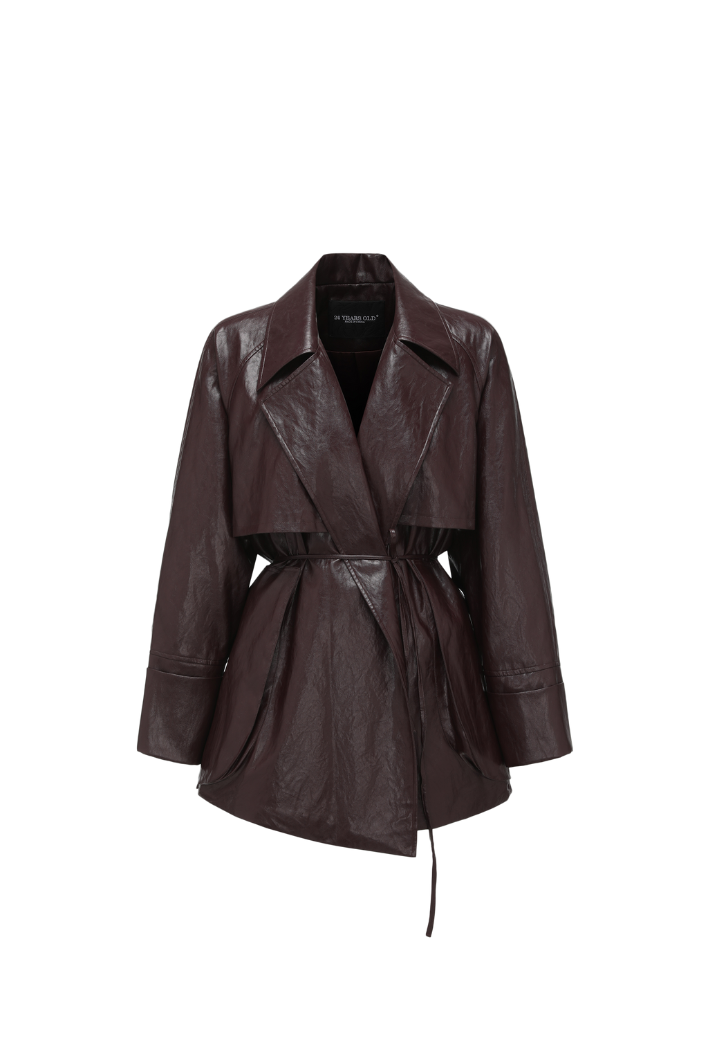 Relaxed Fit Belted Thigh-Length Leather-Look Jacket ( Faux Leather)