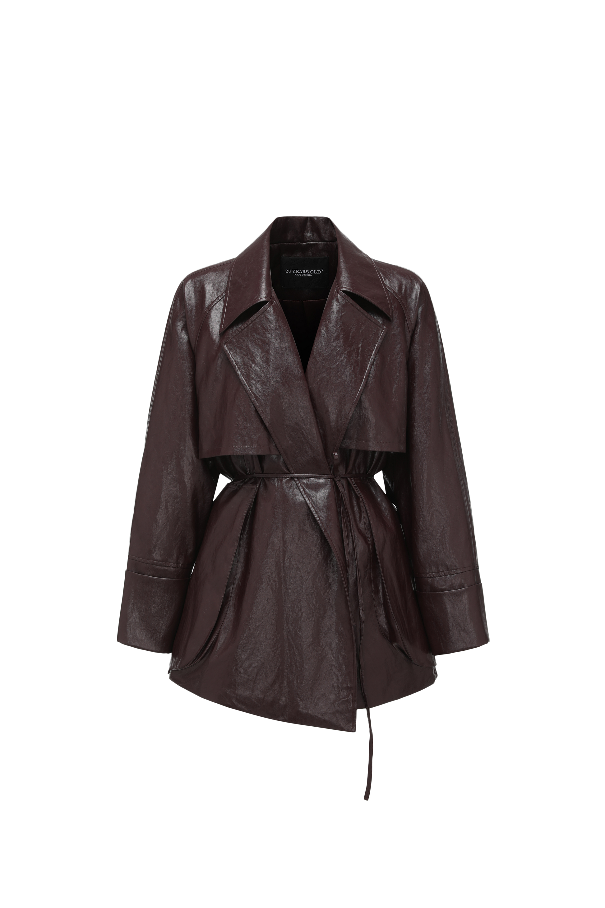 Relaxed Fit Belted Thigh-Length Leather-Look Jacket ( Faux Leather)