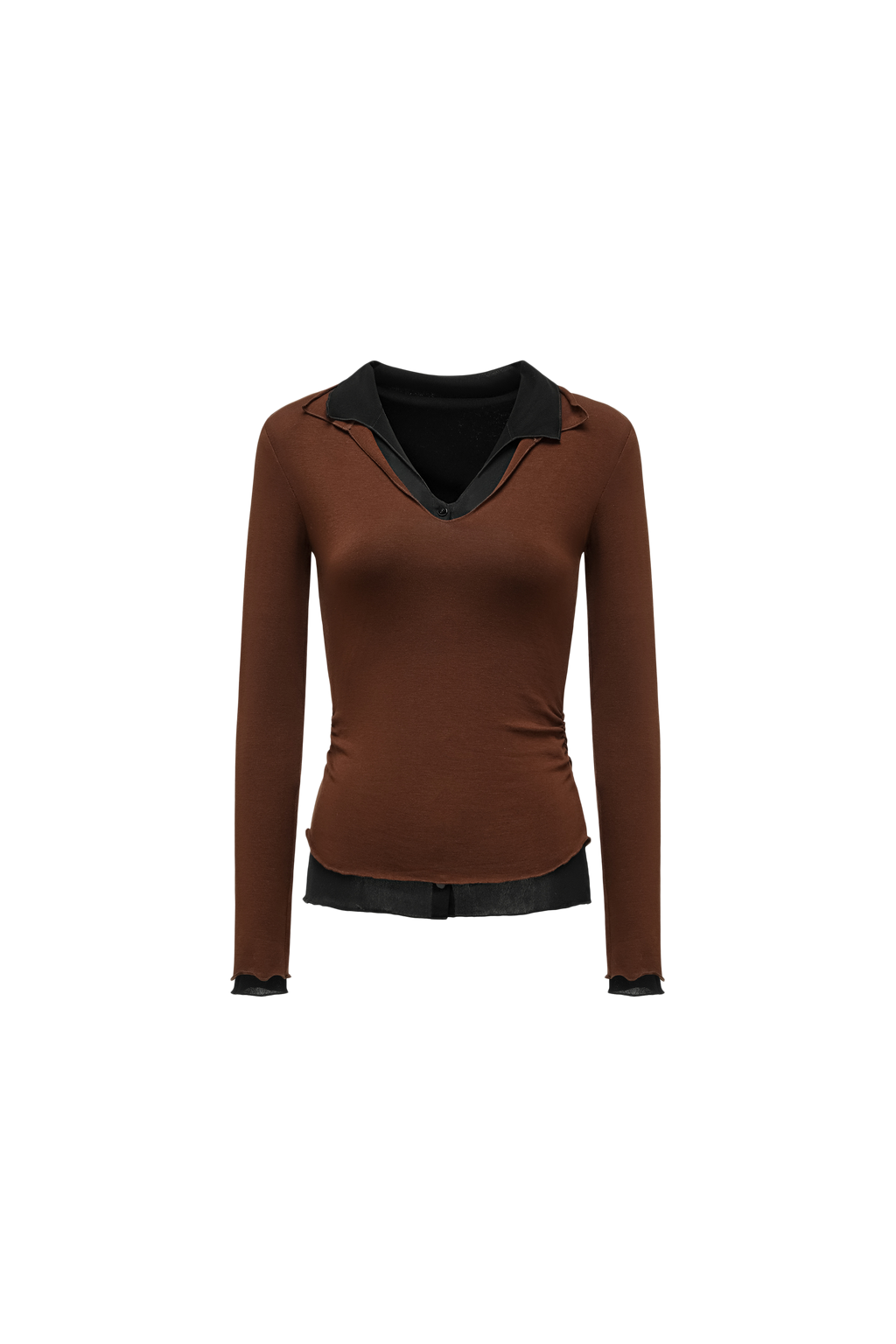Color-Blocked Layered V-Neck Top (Fake Two-Piece)
