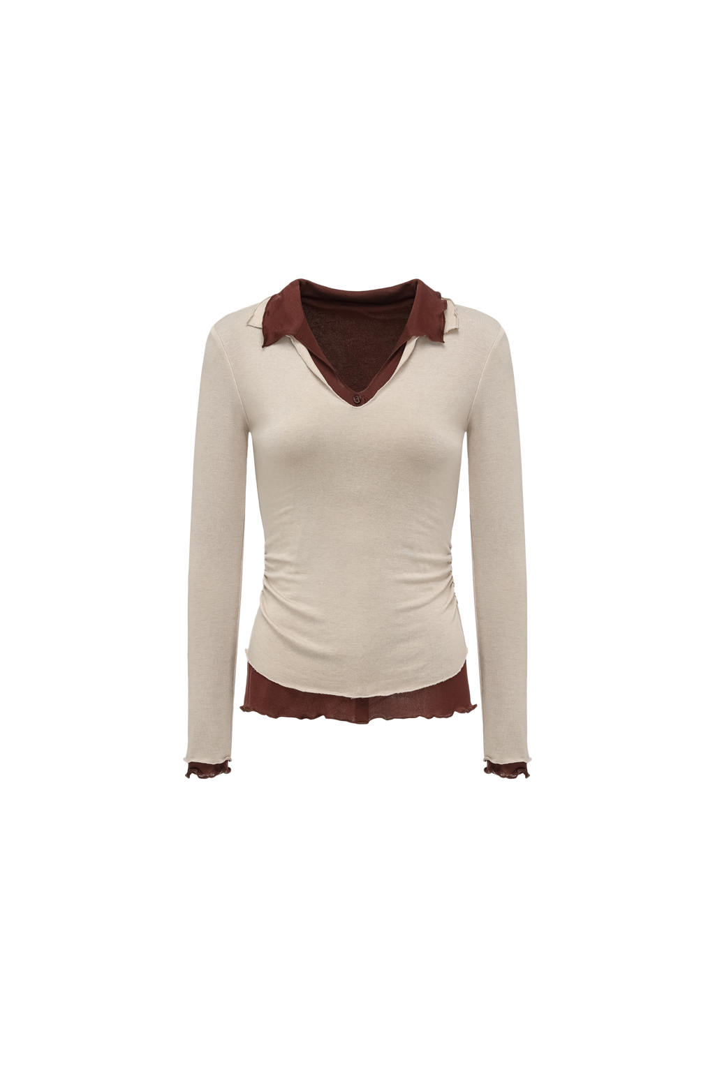 Color-Blocked Layered V-Neck Top (Fake Two-Piece)