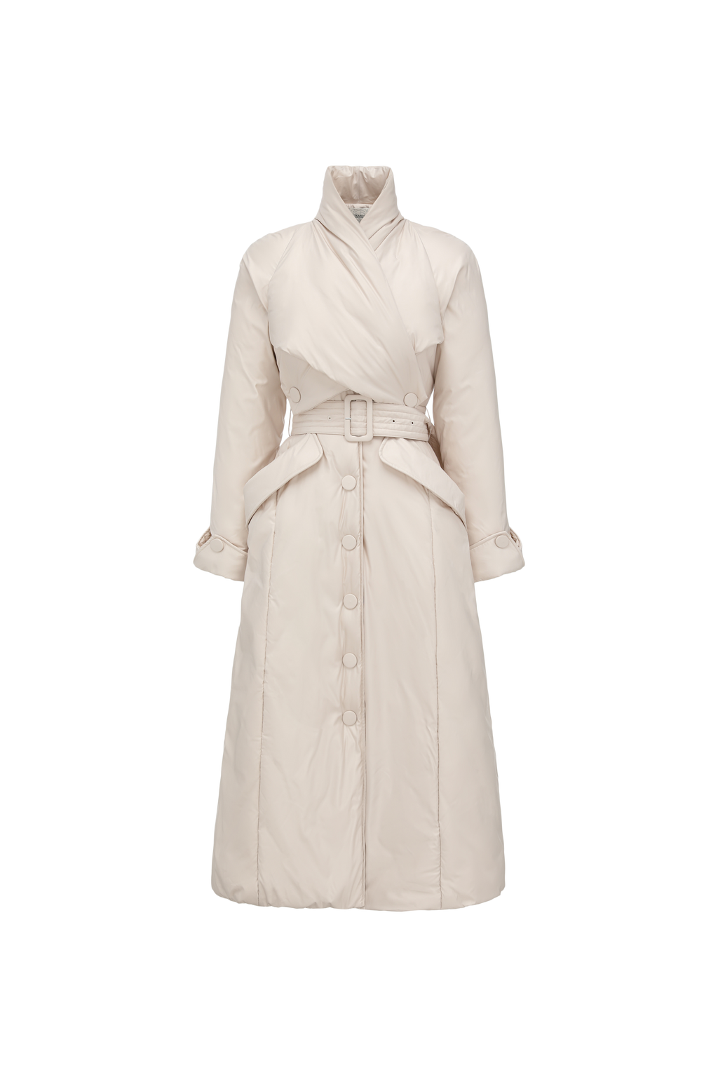 Stand-Collar Long Down Coat Cross-Wrap Waist-Defining Silhouette