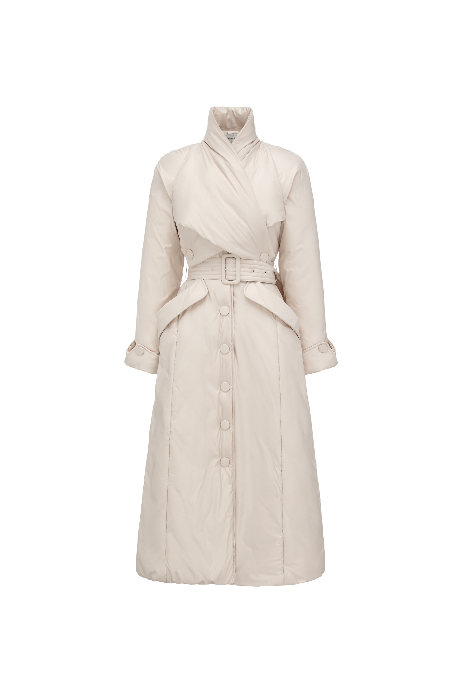 Stand-Collar Long Down Coat Cross-Wrap Waist-Defining Silhouette