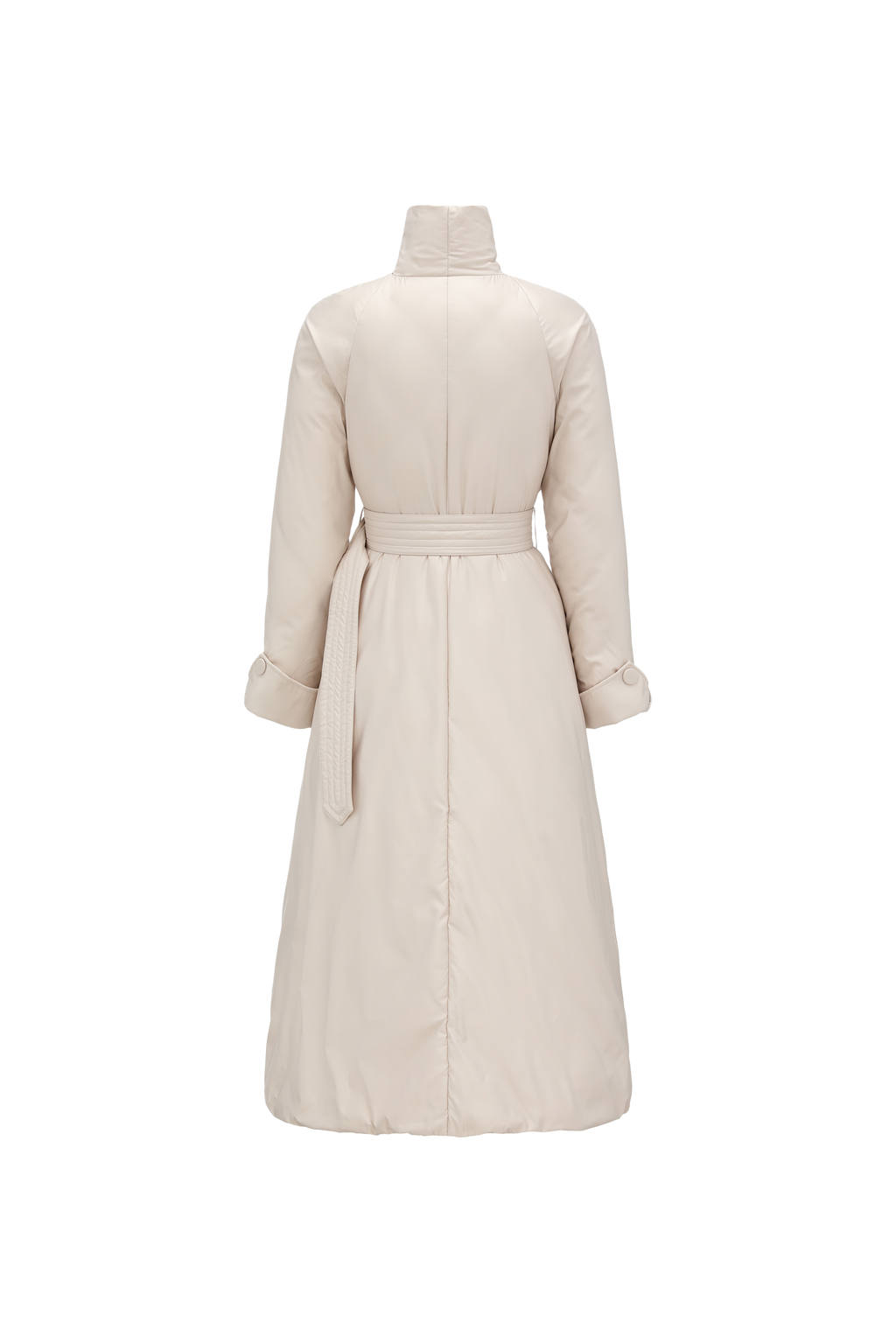 Stand-Collar Long Down Coat Cross-Wrap Waist-Defining Silhouette