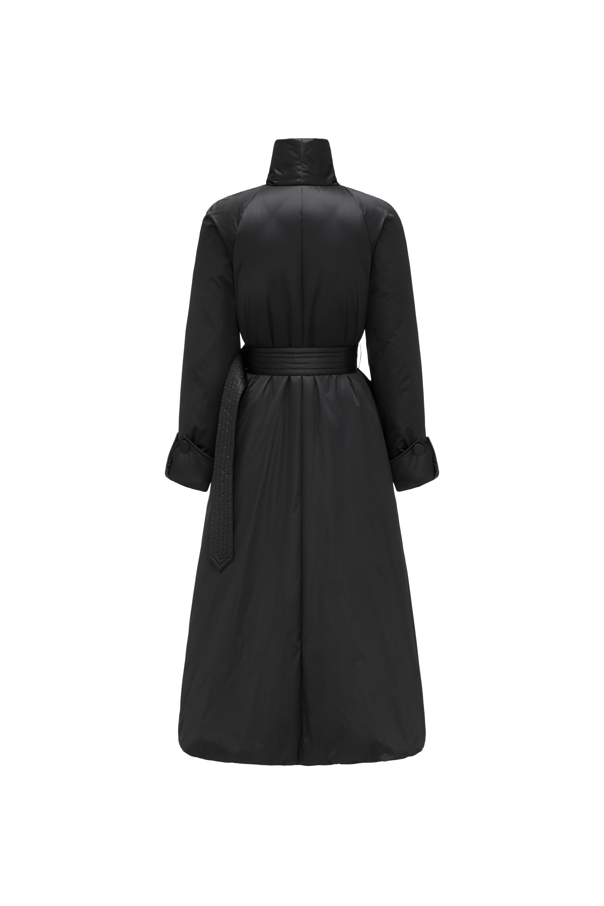 Stand-Collar Long Down Coat Cross-Wrap Waist-Defining Silhouette