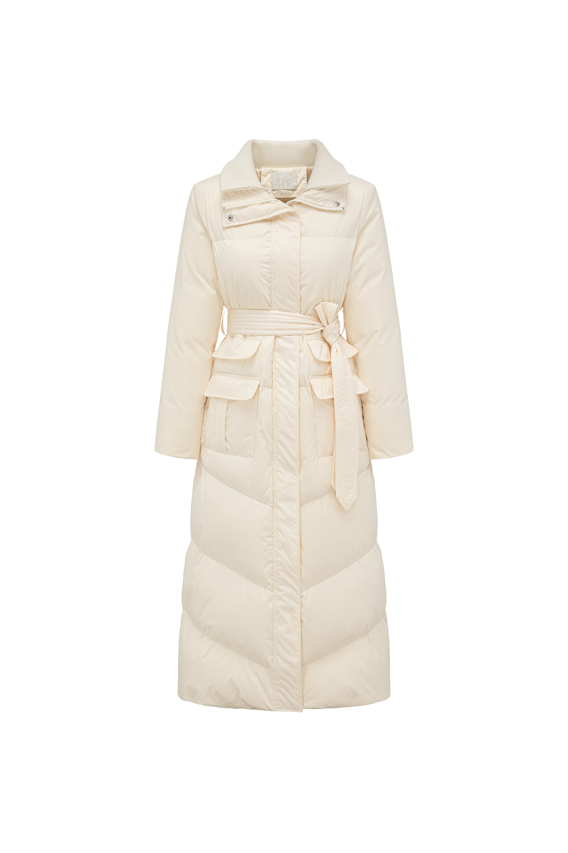 Stand-Collar Tied Long Down Coat