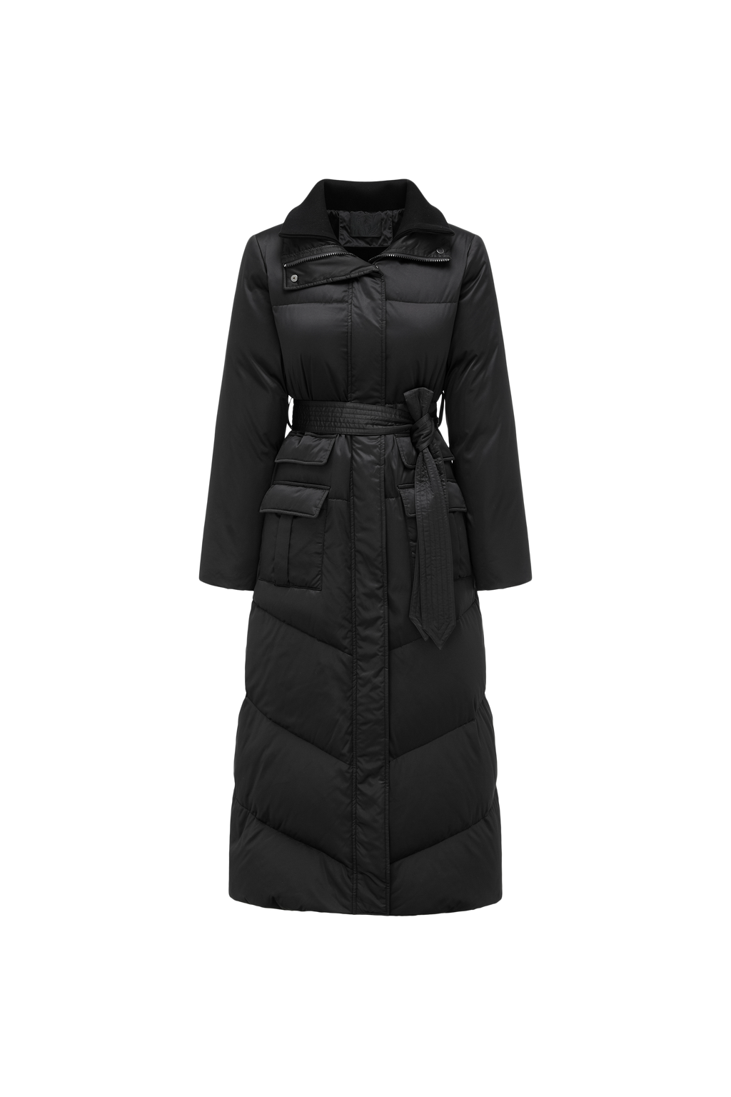 Stand-Collar Tied Long Down Coat