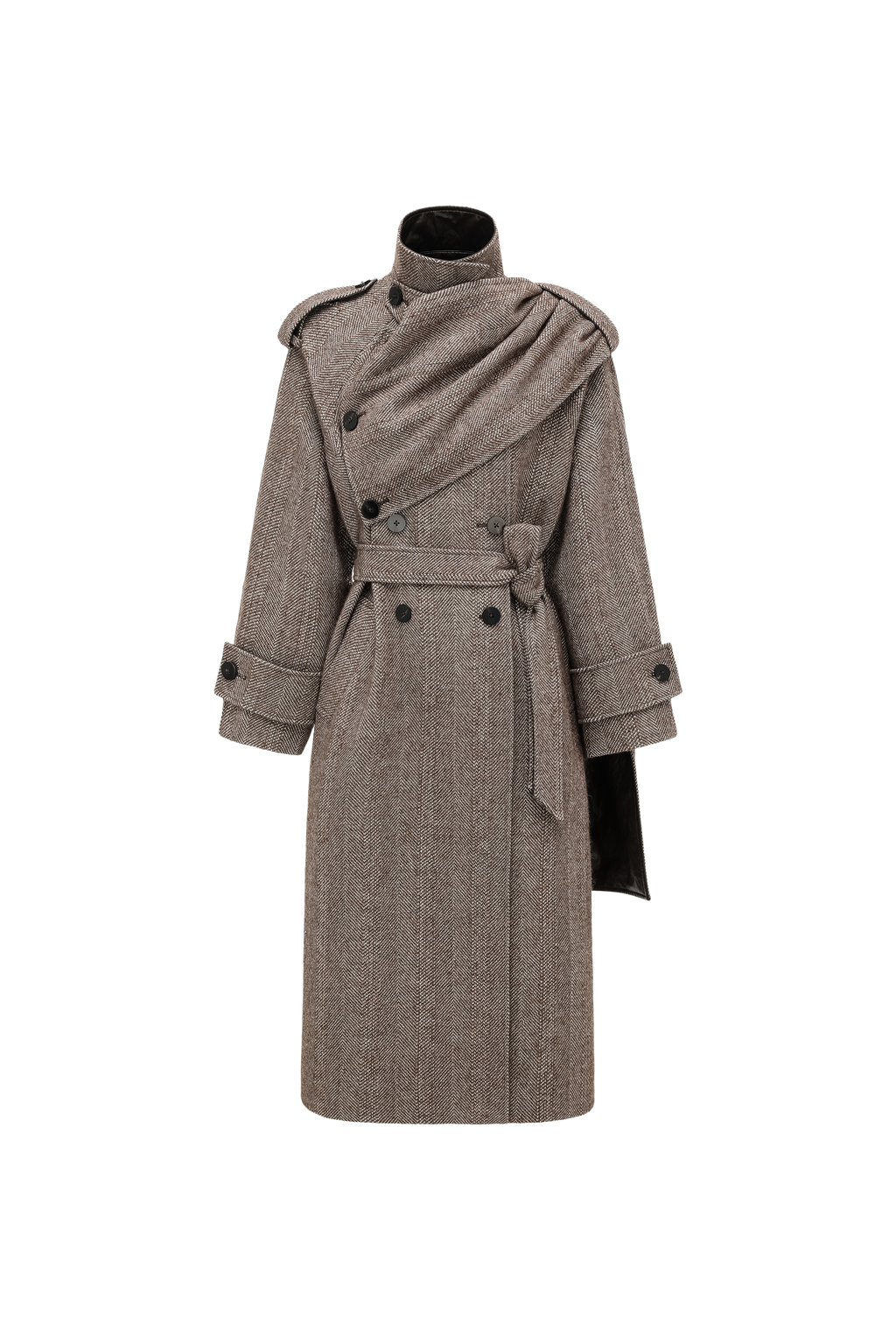 Detachable Shawl Collar Herringbone Faux Leather Blend Coat