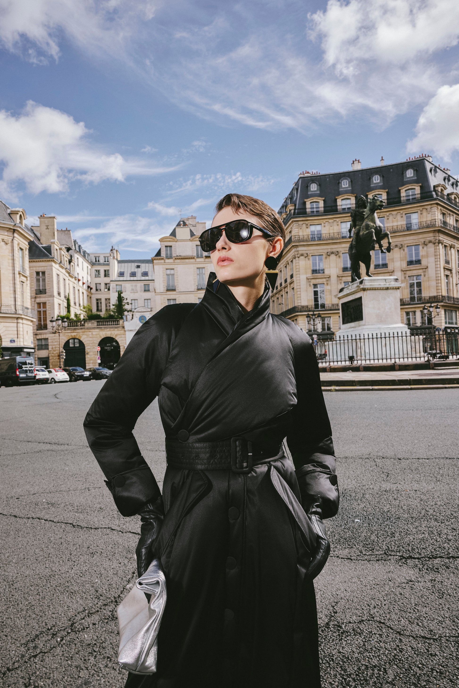 Stand-Collar Long Down Coat Cross-Wrap Waist-Defining Silhouette