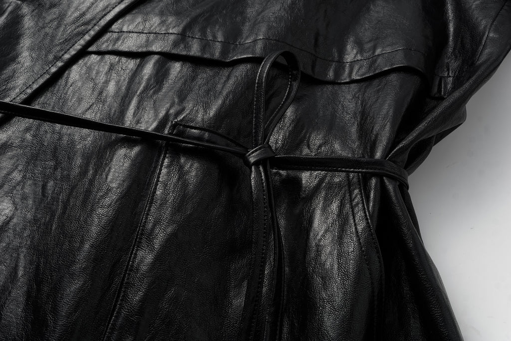 Relaxed Fit Belted Thigh-Length Leather-Look Jacket ( Faux Leather)