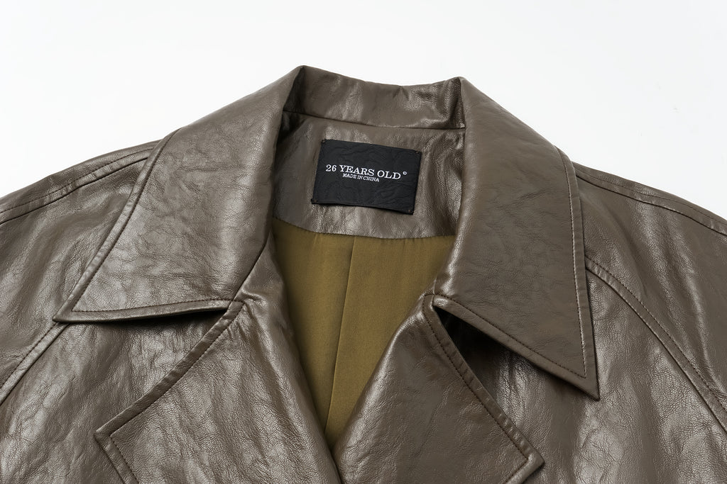 Relaxed Fit Belted Thigh-Length Leather-Look Jacket ( Faux Leather)